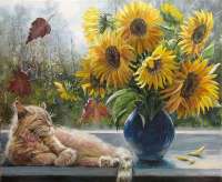 Без бренда «Подсолнухи в синей вазе возле кота» в Белгороде 