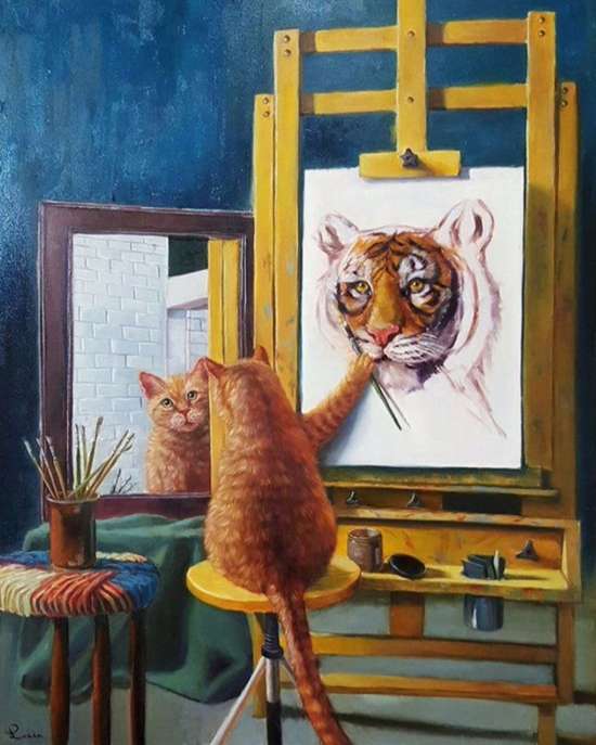 Картина по номерам 40x50 Рыжий кот рисует тигра