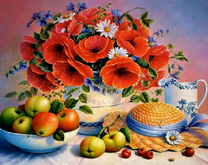 Яблоки, букет с маками и ромашками