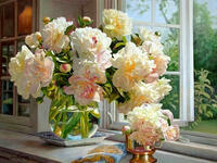 Без бренда «Ваза с букетом белых пионов у окна» в Белгороде 