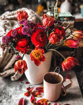 Чай и красный букет на столе