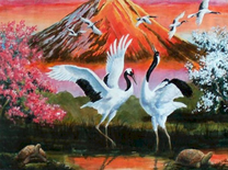 Два журавля танцуют на фоне вулкана