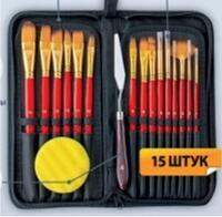 Без бренда «Набор кистей для рисования в чехле, премиум набор (15 нейлоновых кистей, 1 мастихин) красные» в Белгороде 