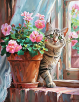 Кот и горшок с розами на подоконнике
