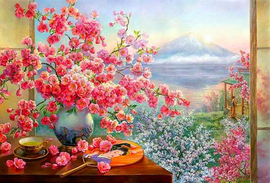 Картина по номерам 40x50 Ветки цветущей сакуры в вазе